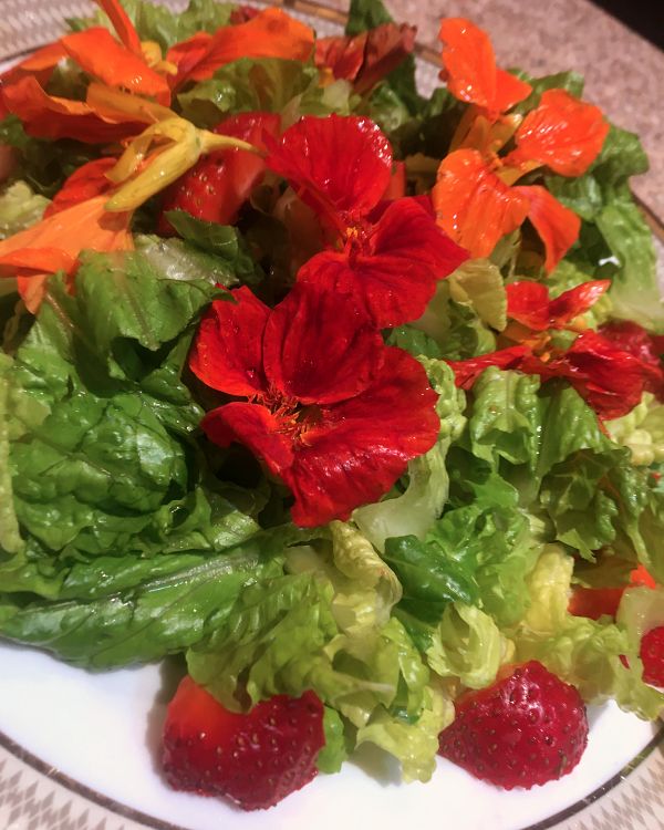 Fresh strawberry salad with edible flowers